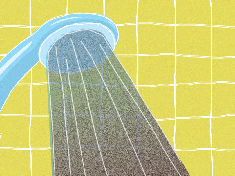 Illustration of a showerhead with dirty water coming out of it