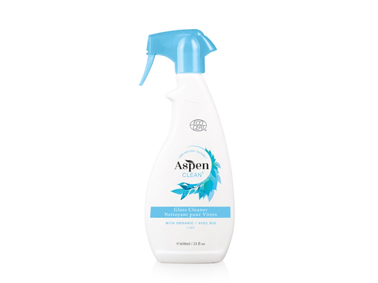Eco-friendly cleaners, white Aspen Clean glass cleaner bottle with blue spray top