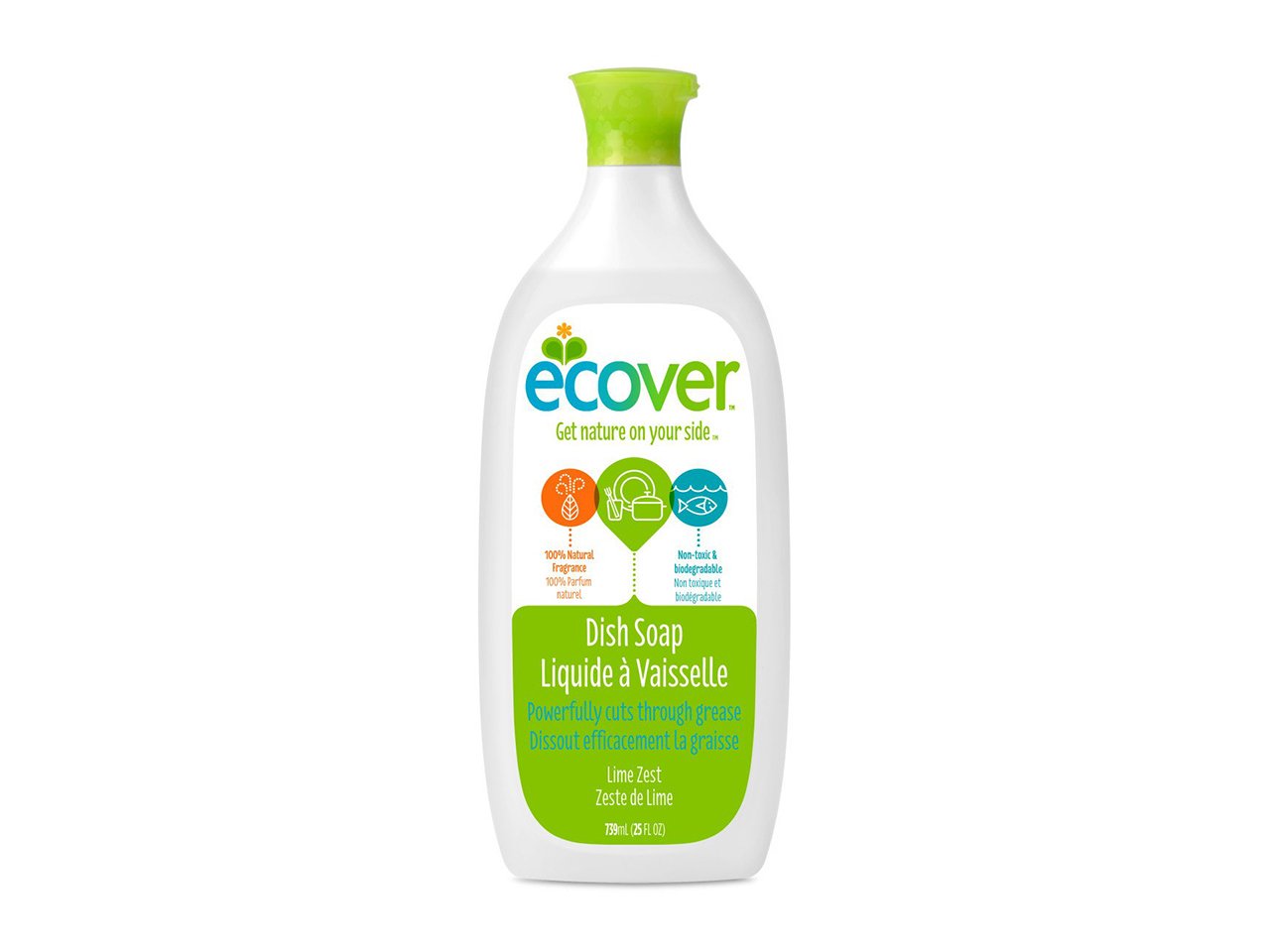 Eco-friendly cleaners, white ecover dish soap bottle with green cap and label