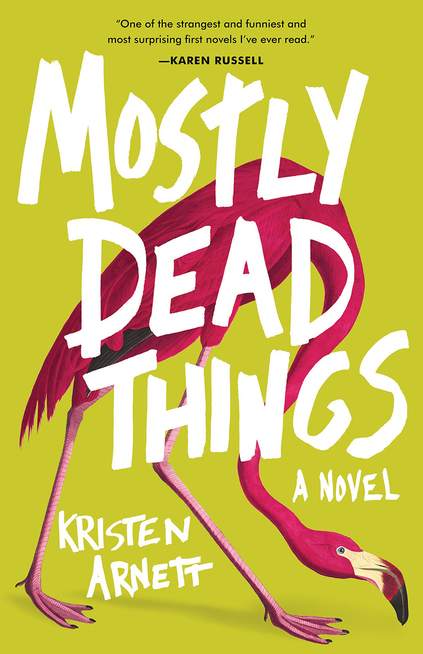 Best Books For Summer Reading 2019: Mostly Dead Things cover, flamingo on lime green cover
