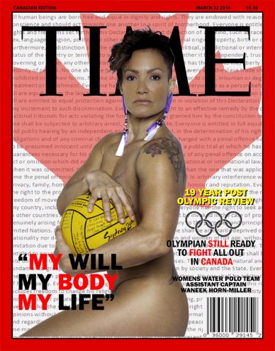 Waneek Horn-Miller poses naked with yellow waterpolo ball on TIME Canada cover in front of maple leaf image