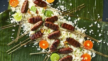 Overhead shot of skewers of meat on a bed of rice on a leafy background