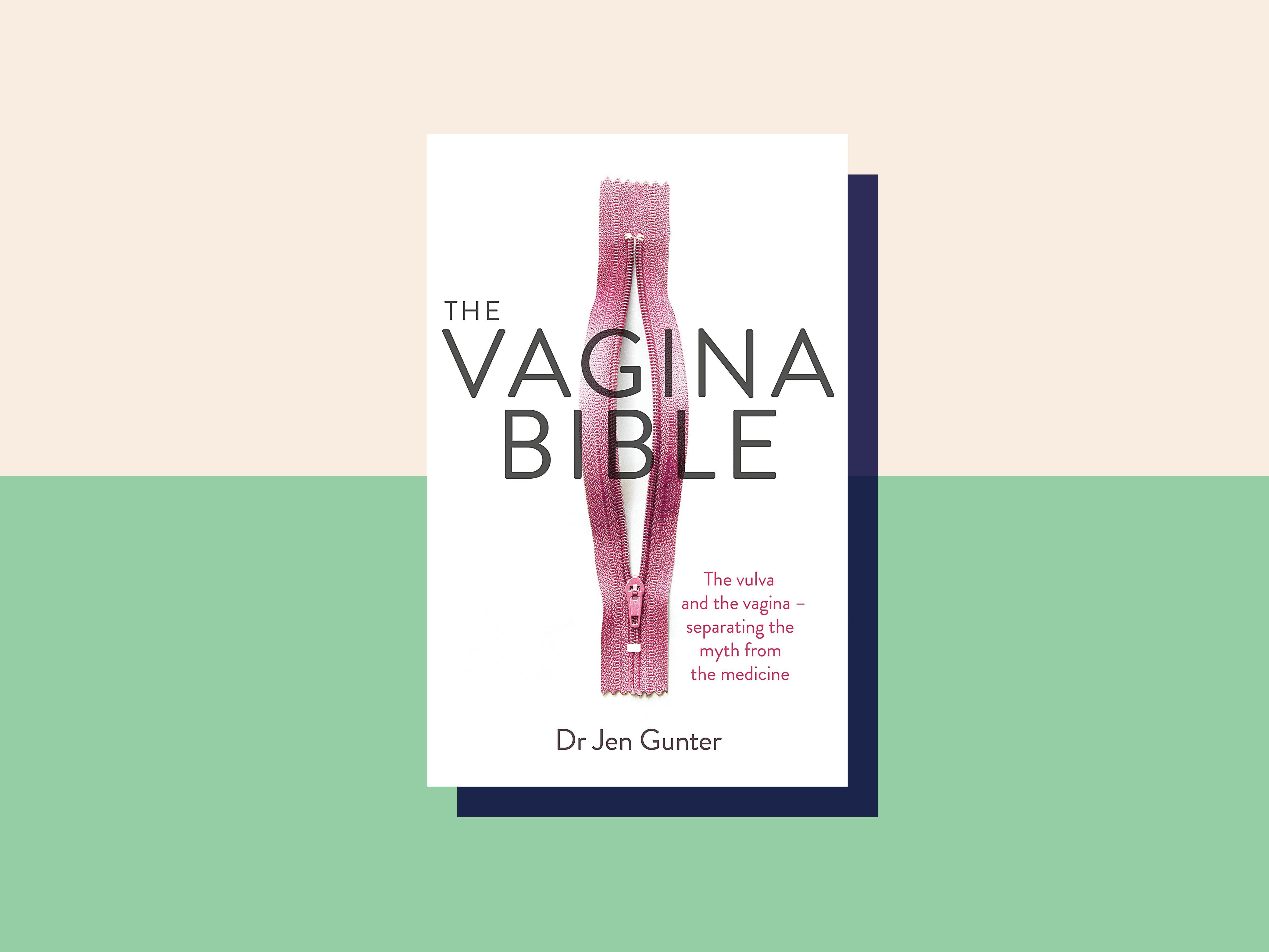 The cover of Dr. Jen Gunter's book, The Vagina Bible, in front of a green and beige background.