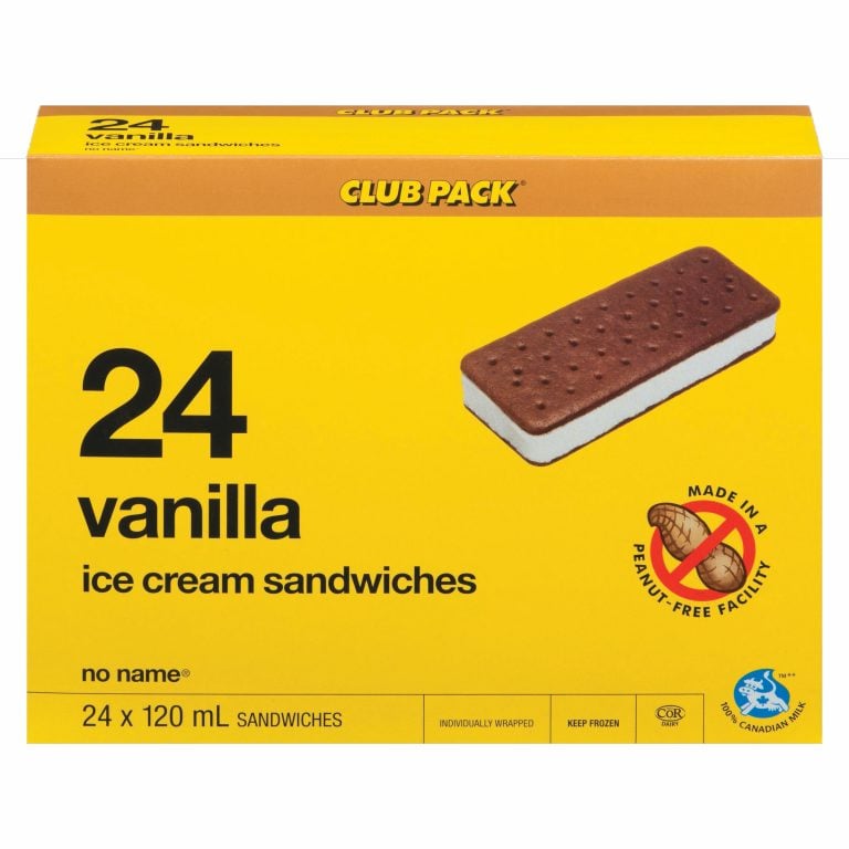 No Name Club Pack Vanilla Ice Cream Sandwiches in a yellow box.