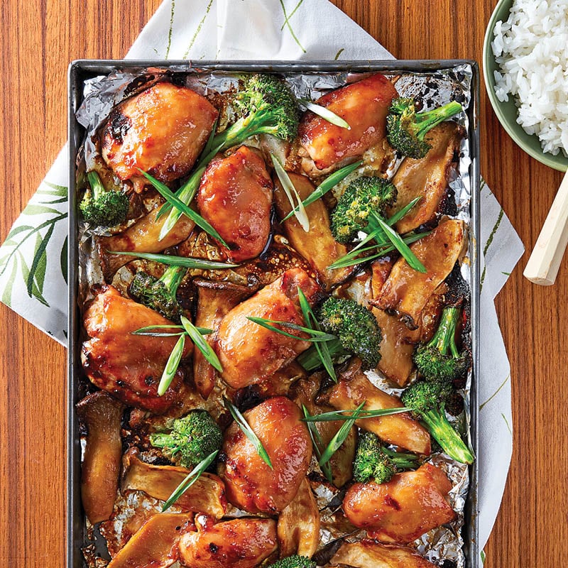 Miso-glazed chicken thighs and king oyster mushrooms