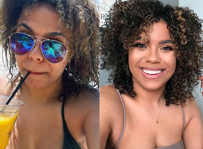 Two side-by-side photos of a woman. On the left, she has her hair straightened. On the right, she's rocking her natural curly locks!