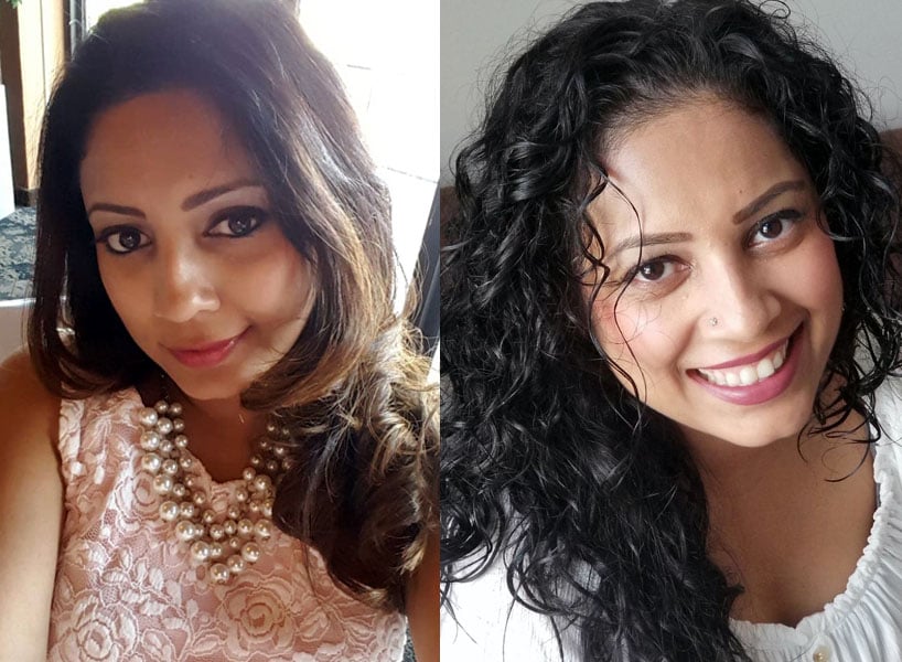 Two side-by-side photos of a woman. On the left, she has her hair straightened. On the right, she's rocking her natural curly locks!