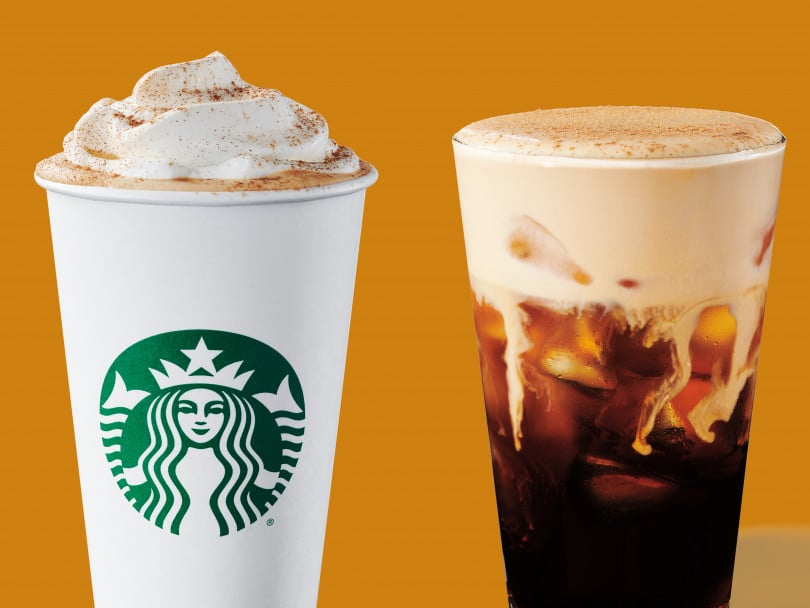 Starbucks' Pumpkin spice latte and pumpkin spice cold brew side by side against an orange backdrop.