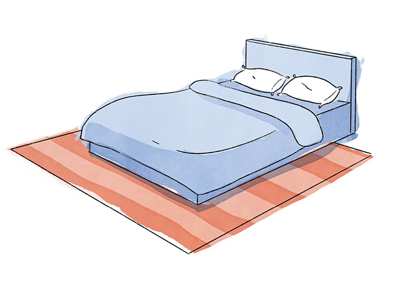 rug size buying guide illustration of a blue double bed with white pillows on a peach striped rug