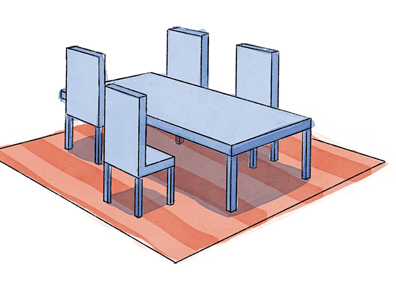 rug size buying guide illustration of a blue table with four blue chairs on a peach striped rug