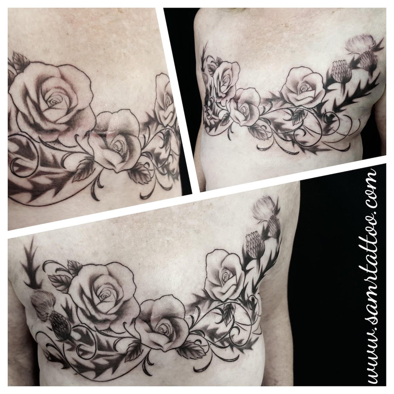 three different photos show various details of a black and grey tattoo on a woman's chest area covering mastectomy scars
