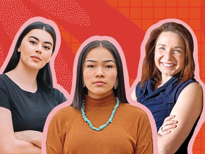 Image of Lauren Chan, Autumn Peltier, and Katharine Hayhoe against a pink background)