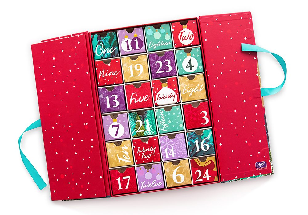 A Purdys chocolate advent calendar on white background to illustrate a round-up of best advent calendars of 2019.