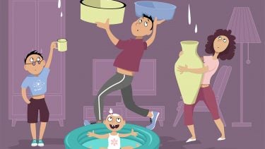 A cartoon family fights to keep up with a leaky roof