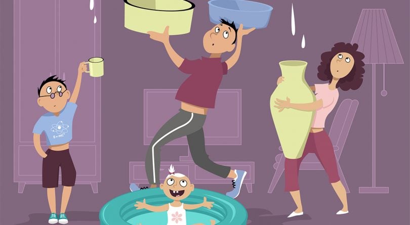 A cartoon family fights to keep up with a leaky roof
