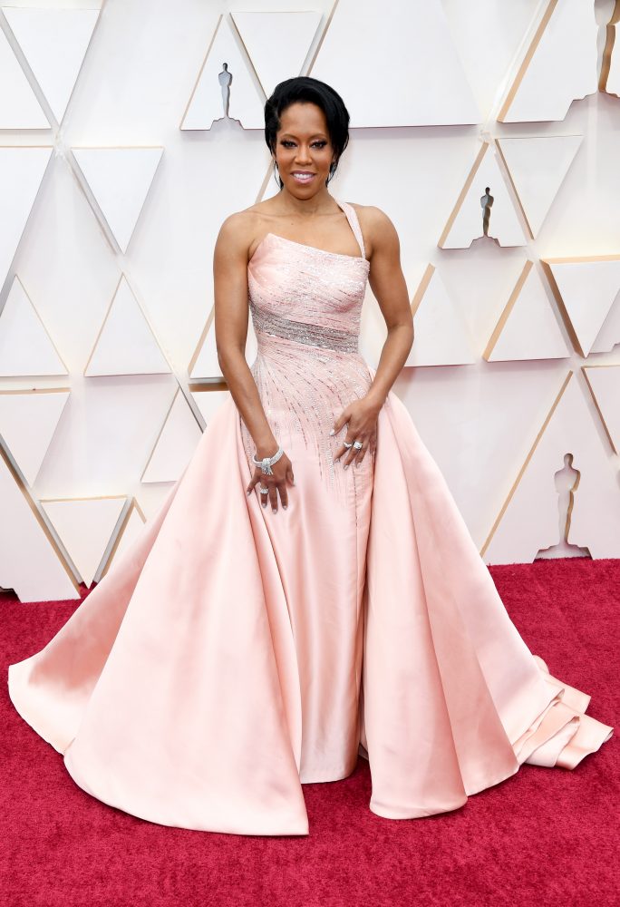 Regina King in a strapless light pink gown with delicate sequins