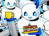 illustration of round-headed white robots holding up cups of tea and sandwiches