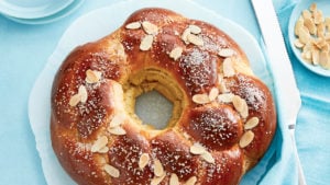 Chatelaine's braided egg bread, on a light blue background
