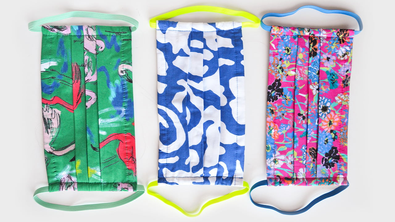 Three colourful non-medical face masks from designer Tanya Taylor for a FAQ on face masks