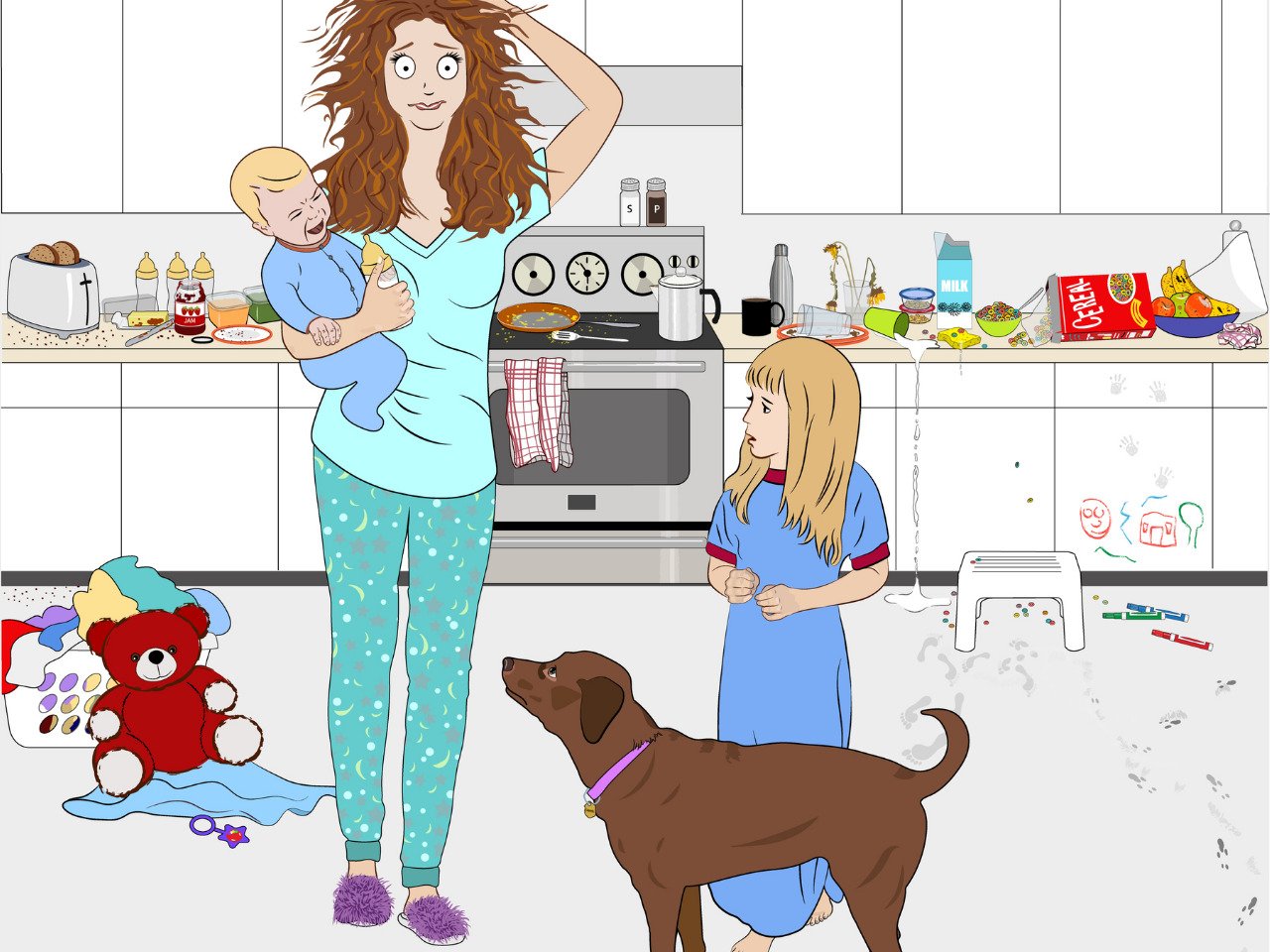 An illustration of an overwhelmed mom in a messy kitchen. 
