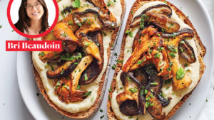 white bean spread on toast with mushrooms on top