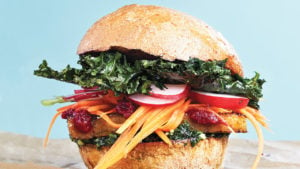 Tempeh burger layered with kale chips, radishes, pickled carrots, pesto and beet ketchup.