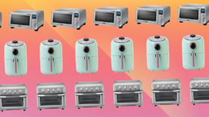 three types of air fryers on a pink and orange background