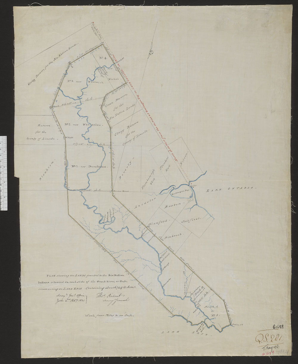 A photo of a hand-drawn "Plan shewing the Lands granted to the Six Nation Indians, situated on each side of the Grand River, or Ouse; commencing on Lake Erie, containing about 674,910 Acres,” Thomas Ridout, Office of the Surveyor General, 1821. (Courtesy: Library and Archives Canada)