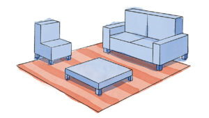 An illustration of couches on top of a rug, in a post about rug sizes.