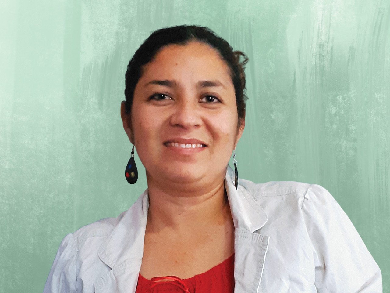 A photo of labour organizer Sonia Aviles on a turquoise background