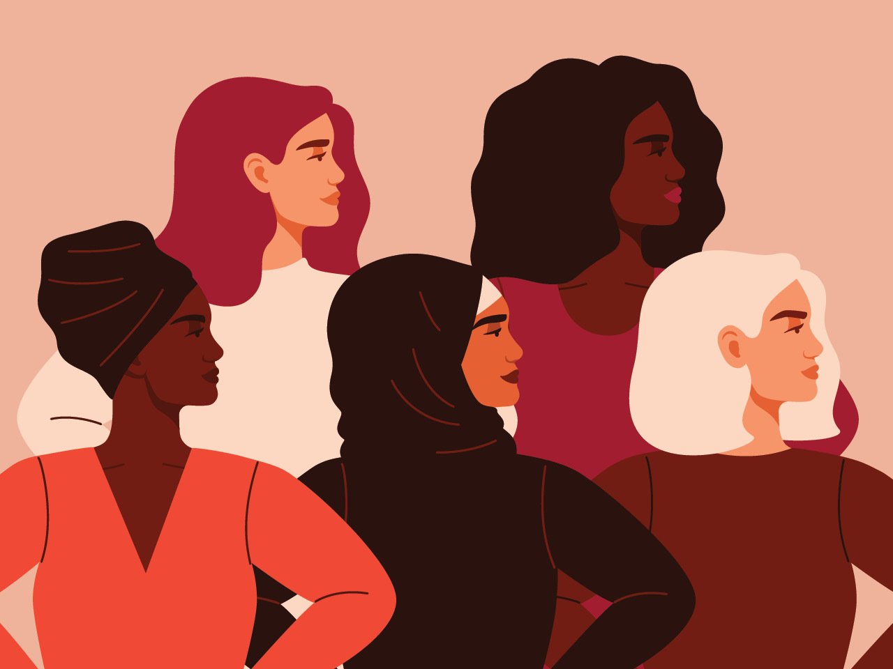 An illustration of a group of women from various racial backgrounds, all facing the same director