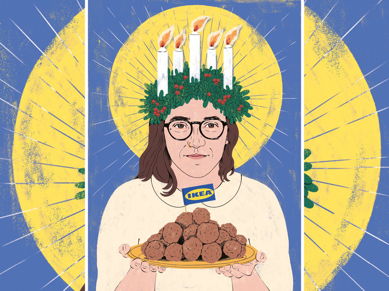 An illustration of the author holding a plate of meatballs, dressed as Sankta Lucia