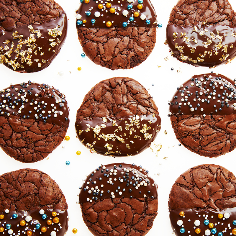 a series of brownie cookies dipped in chocolate and sugar