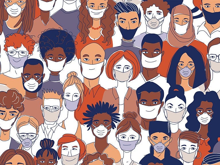 An illustration of a large group of people together wearing masks.