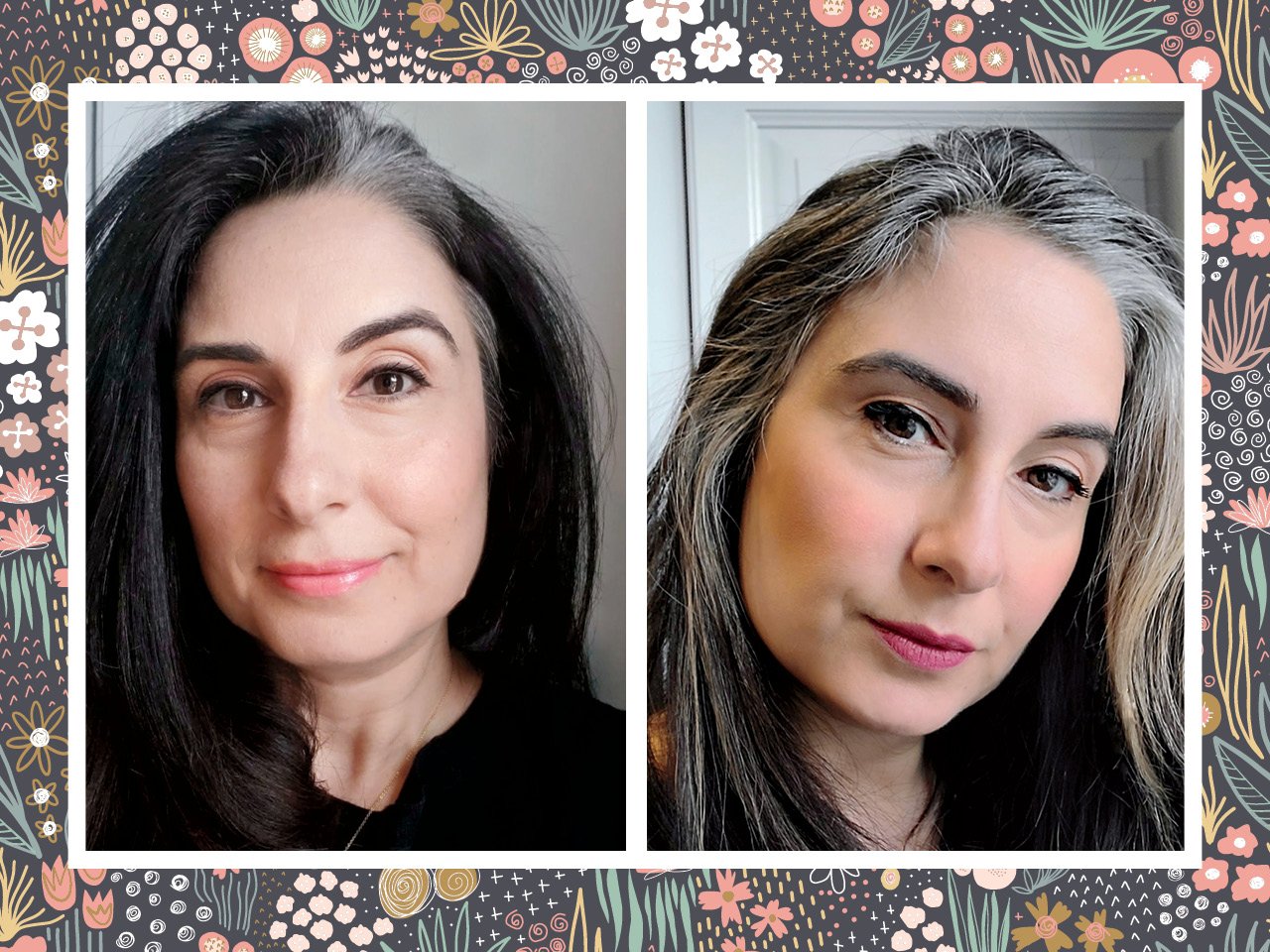 Two photos of the same woman with hair and a grey streak, in the right photo the grey streak is bigger