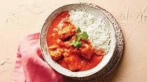 Instant Pot Butter Chicken on rice in bowl