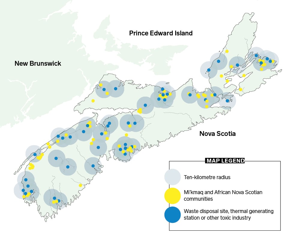 A map comparing the location of Nova Scotia’s industrial health hazards and its Mi’kmaq and African Nova Scotian communities