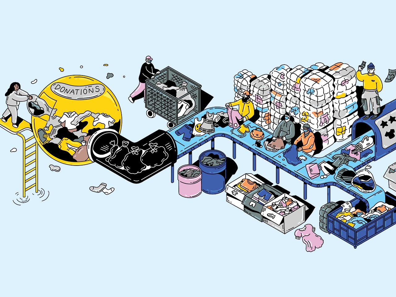 An illustration of second-hand clothing on a conveyor belt.