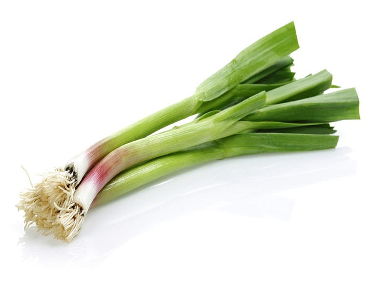 A small bunch of green onions against a white background