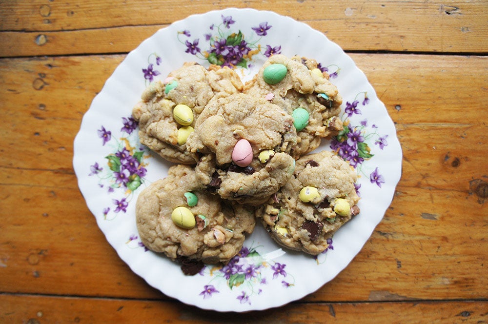 A plate of Cake and Loaf's mini egg chocolate chunk cookies, which are an easy Easter cookie recipe