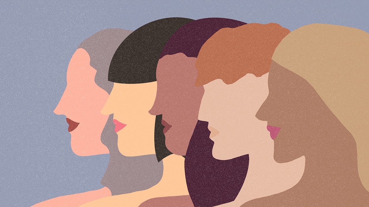 An illustration of five women standing side by side in profile