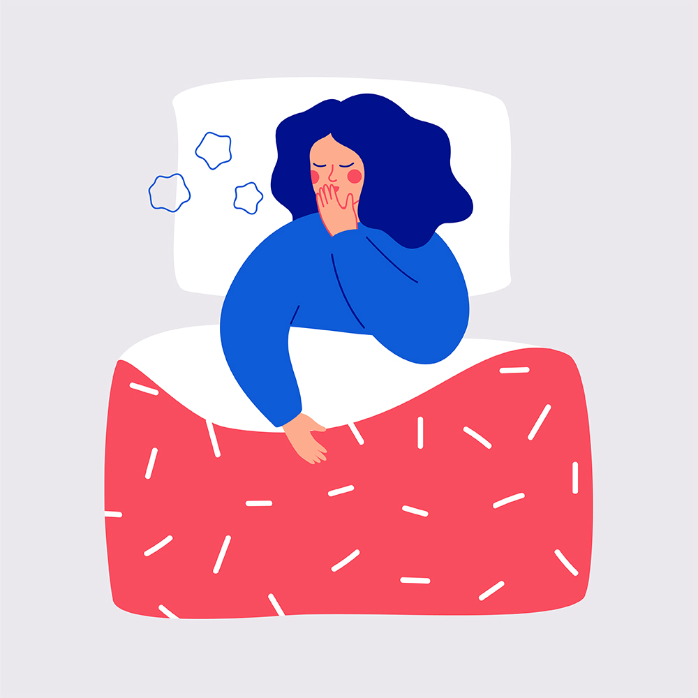 An illustration of a woman in bed, sick, with crumpled tissues, for a memoir about long covid
