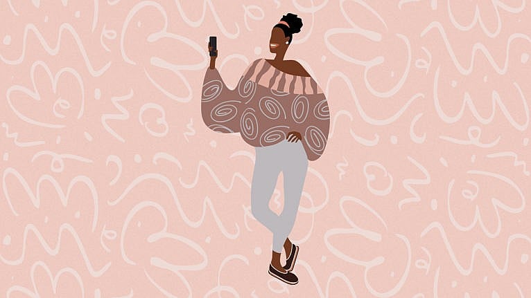 An illustration of a woman wearing a slouchy sweater and holding a phone.