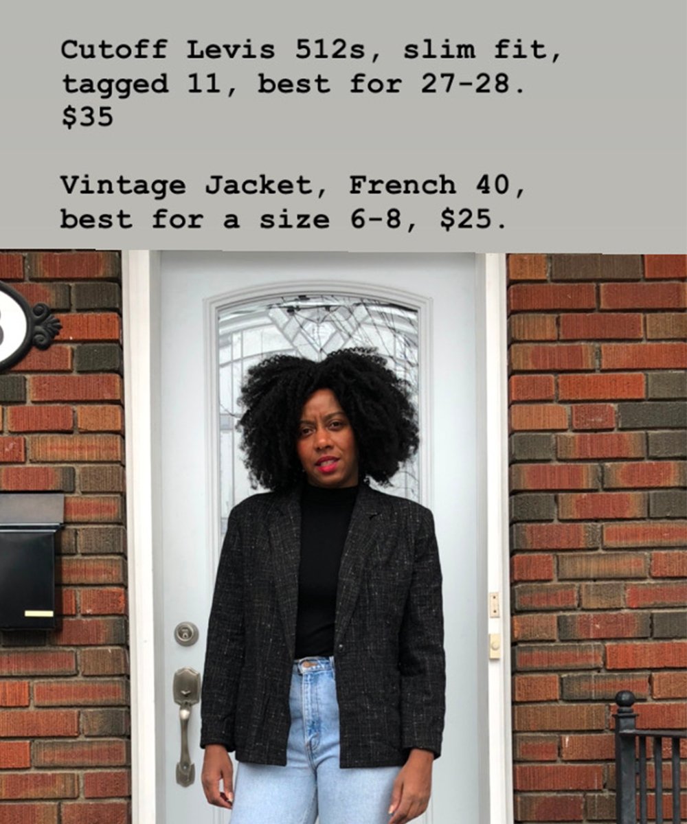 A photo of the author with a text box about clothing she is selling above her. 
