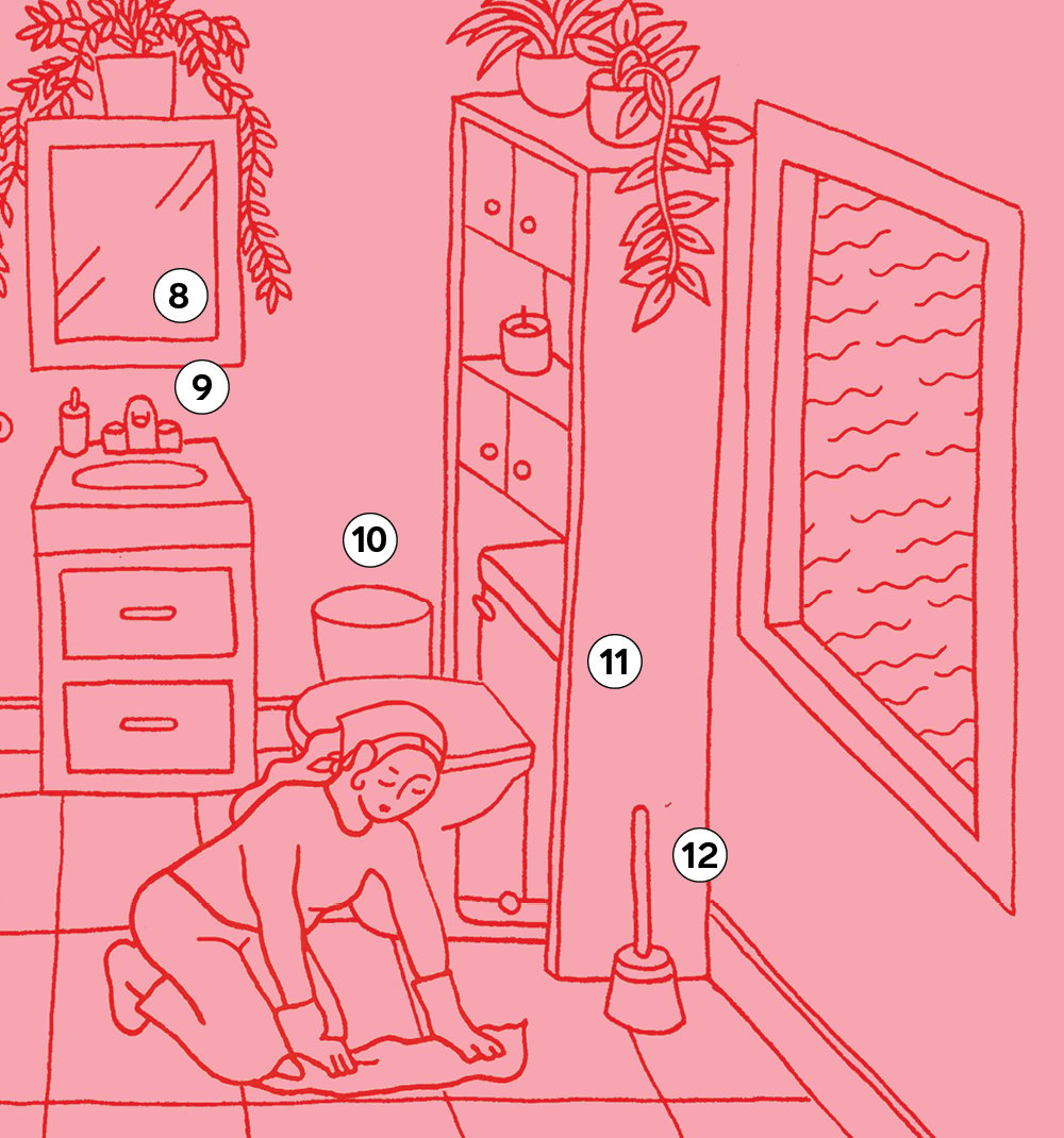 An illustration of a bathroom for a round-up of bathroom cleaning tips.
