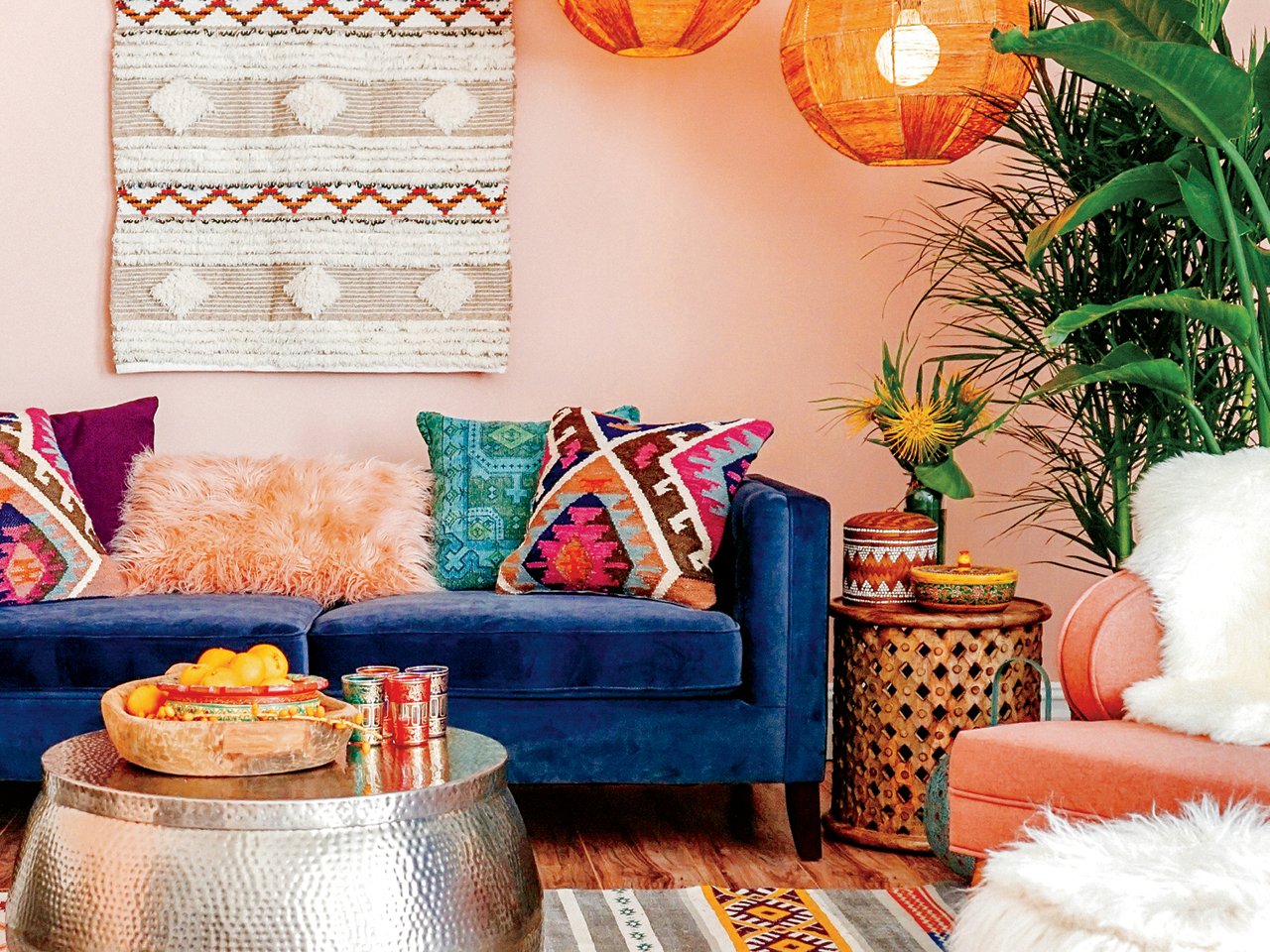 A room decorated with patterns to illustrate an article about how to mix patterns in home decor.