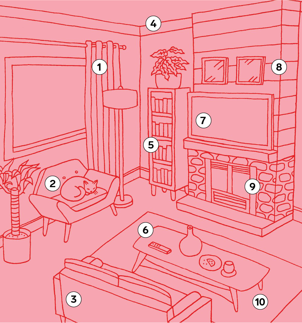 An illustration of a living room for a round-up of living room cleaning tips.