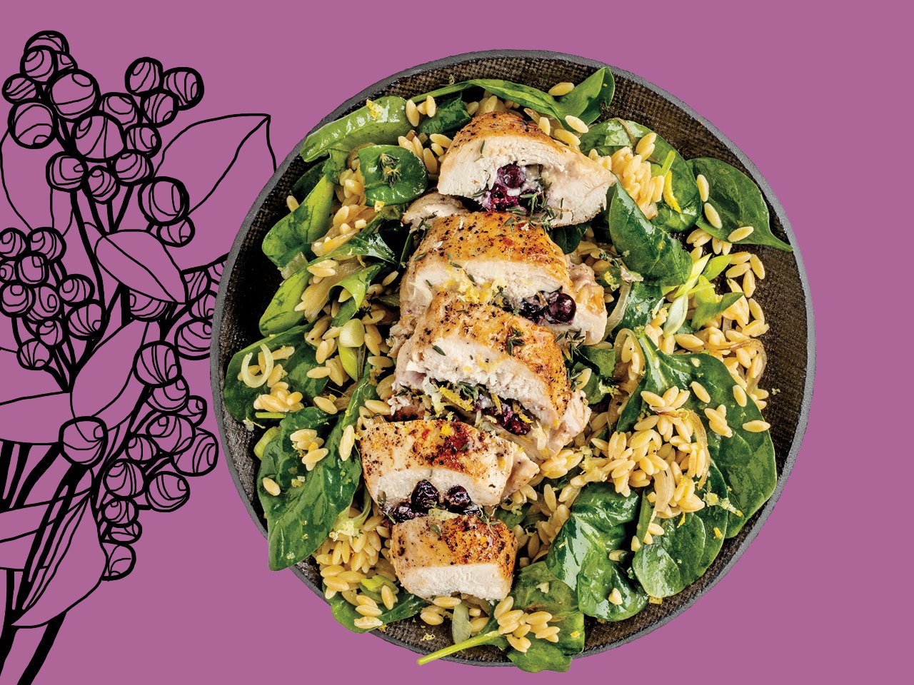 Saskatoon Berry And Brie Stuffed Chicken Breast Over Orzo Spinach Salad