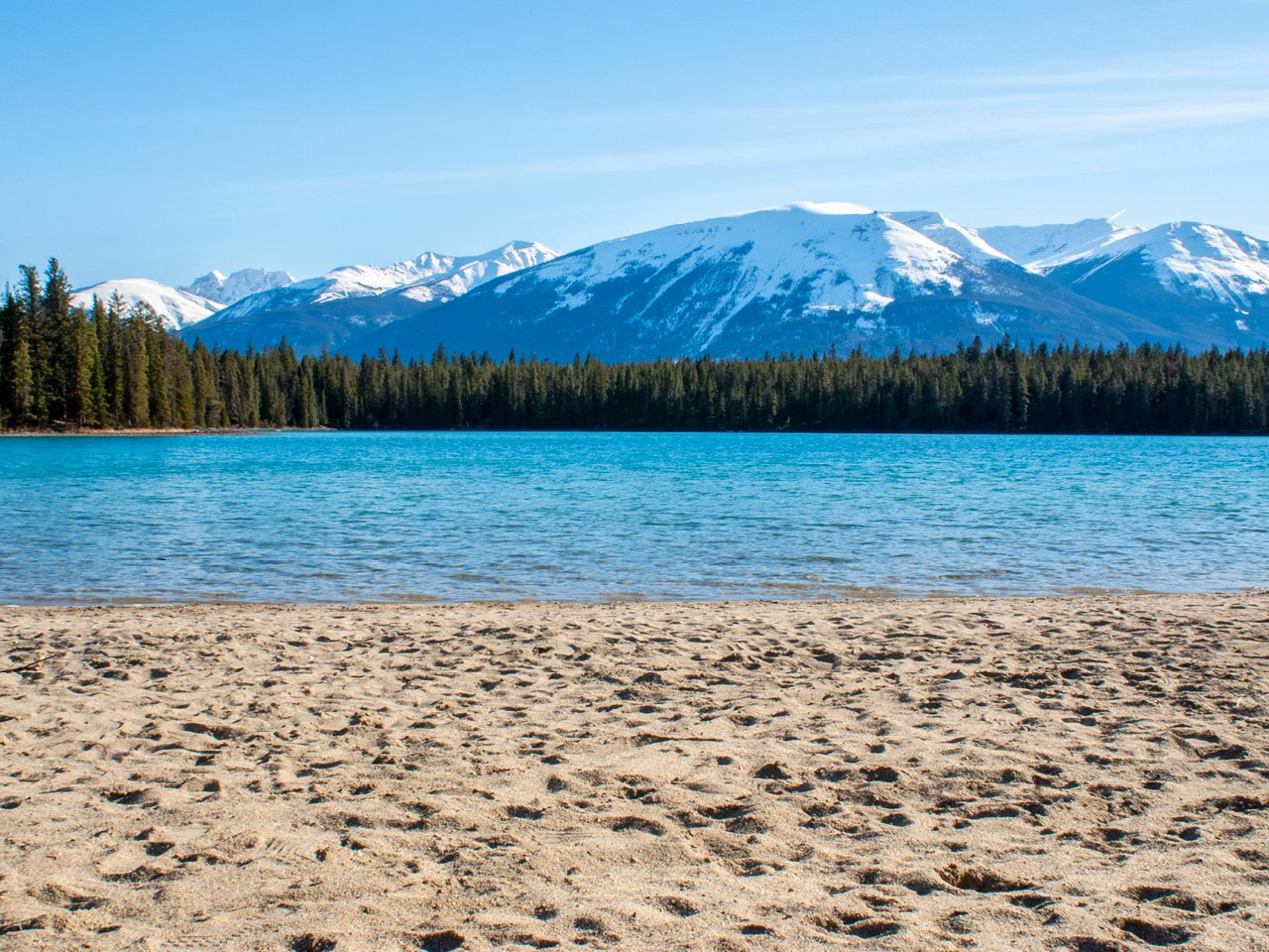 Beach and lakeside, in the distance: forestry and snowy mountain tops