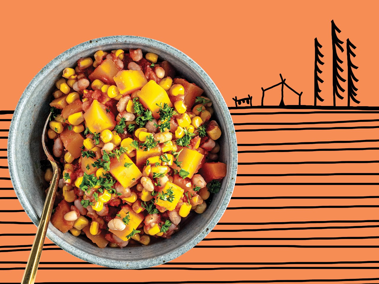 A grey ceramic bowl filled with cubed squash, corn kernels and hominy